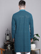 Jompers Men's Sequin Embroidered Pure Cotton Kurta - Blue