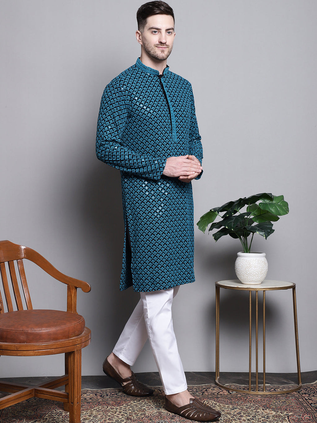 Jompers Men's Sequin Embroidered Pure Cotton Kurta - Blue