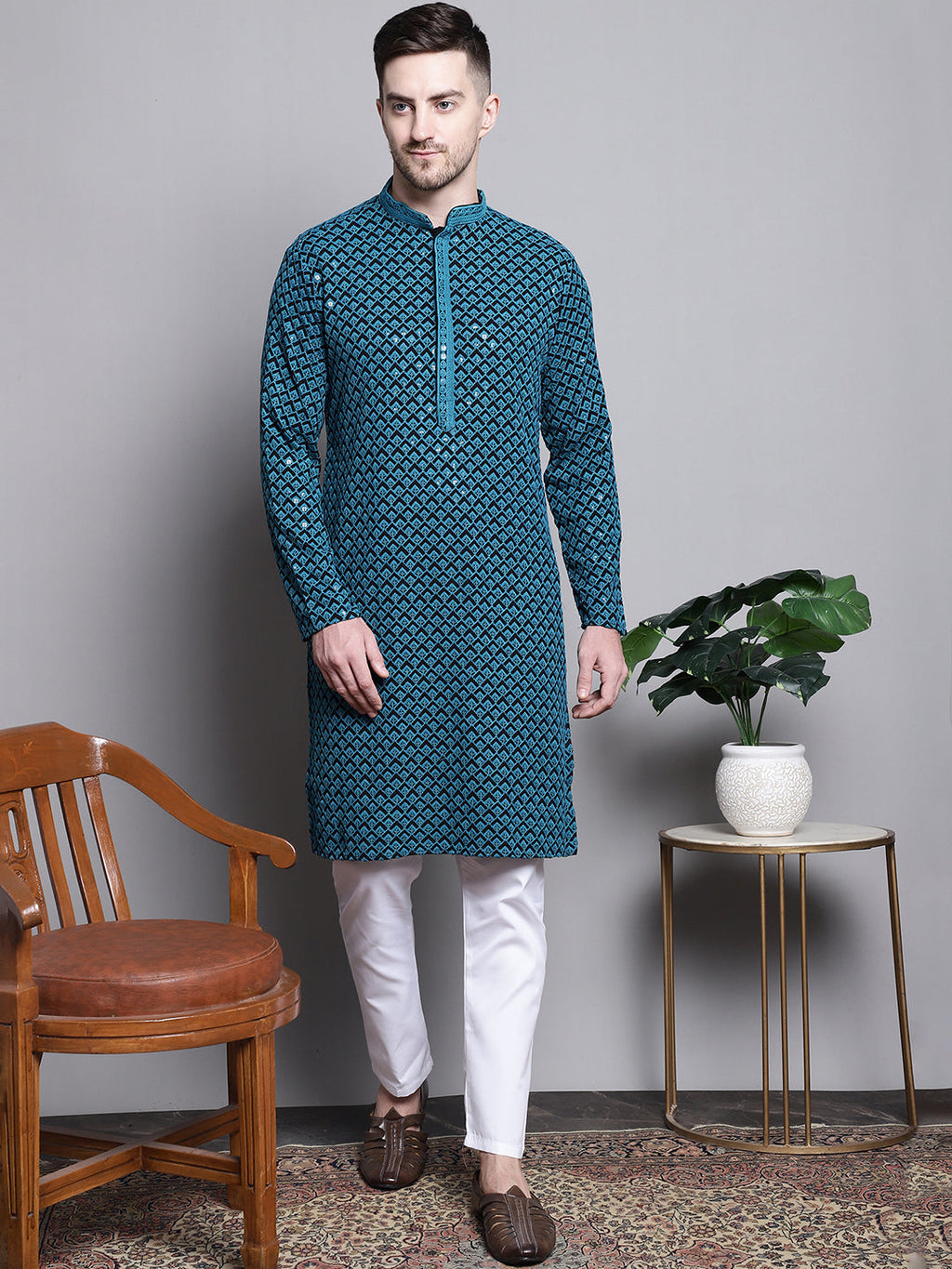 Jompers Men's Sequin Embroidered Pure Cotton Kurta - Blue