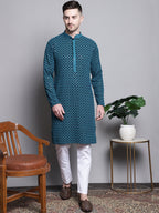 Jompers Men's Sequin Embroidered Pure Cotton Kurta - Blue
