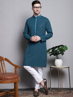 Jompers Men's Sequin Embroidered Pure Cotton Kurta - Blue