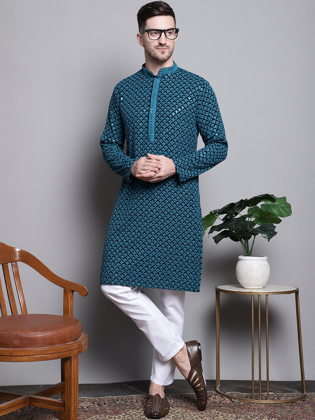 Jompers Men's Sequin Embroidered Pure Cotton Kurta - Blue