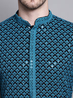 Jompers Men's Sequin Embroidered Pure Cotton Kurta - Blue