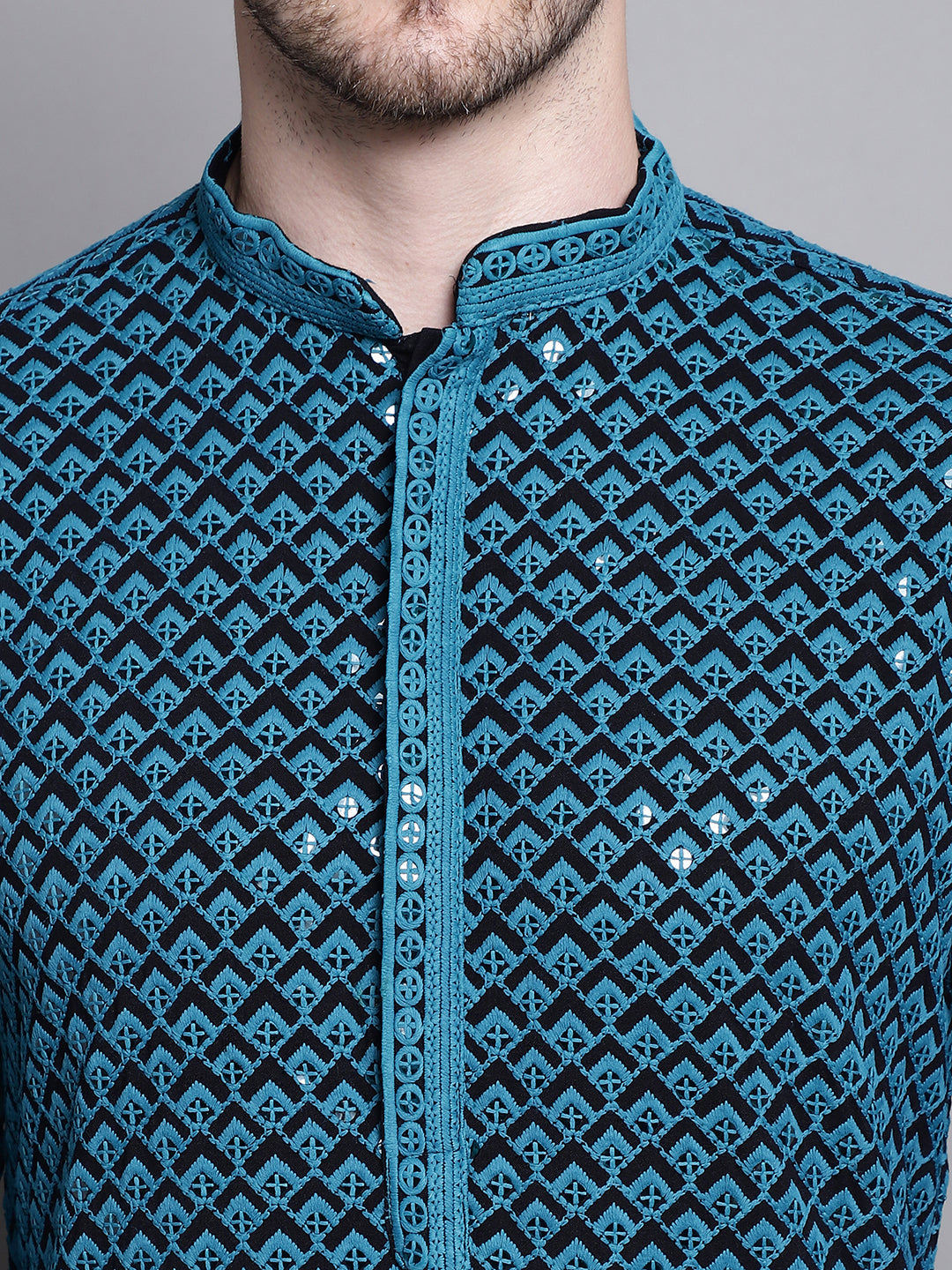 Jompers Men's Sequin Embroidered Pure Cotton Kurta - Blue