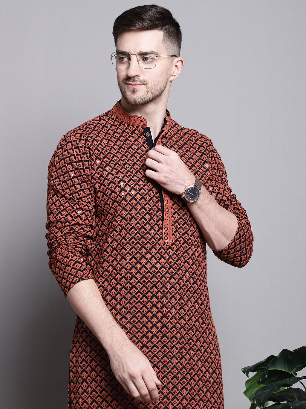 Jompers Men's Sequin Embroidered Pure Cotton Kurta - Orange