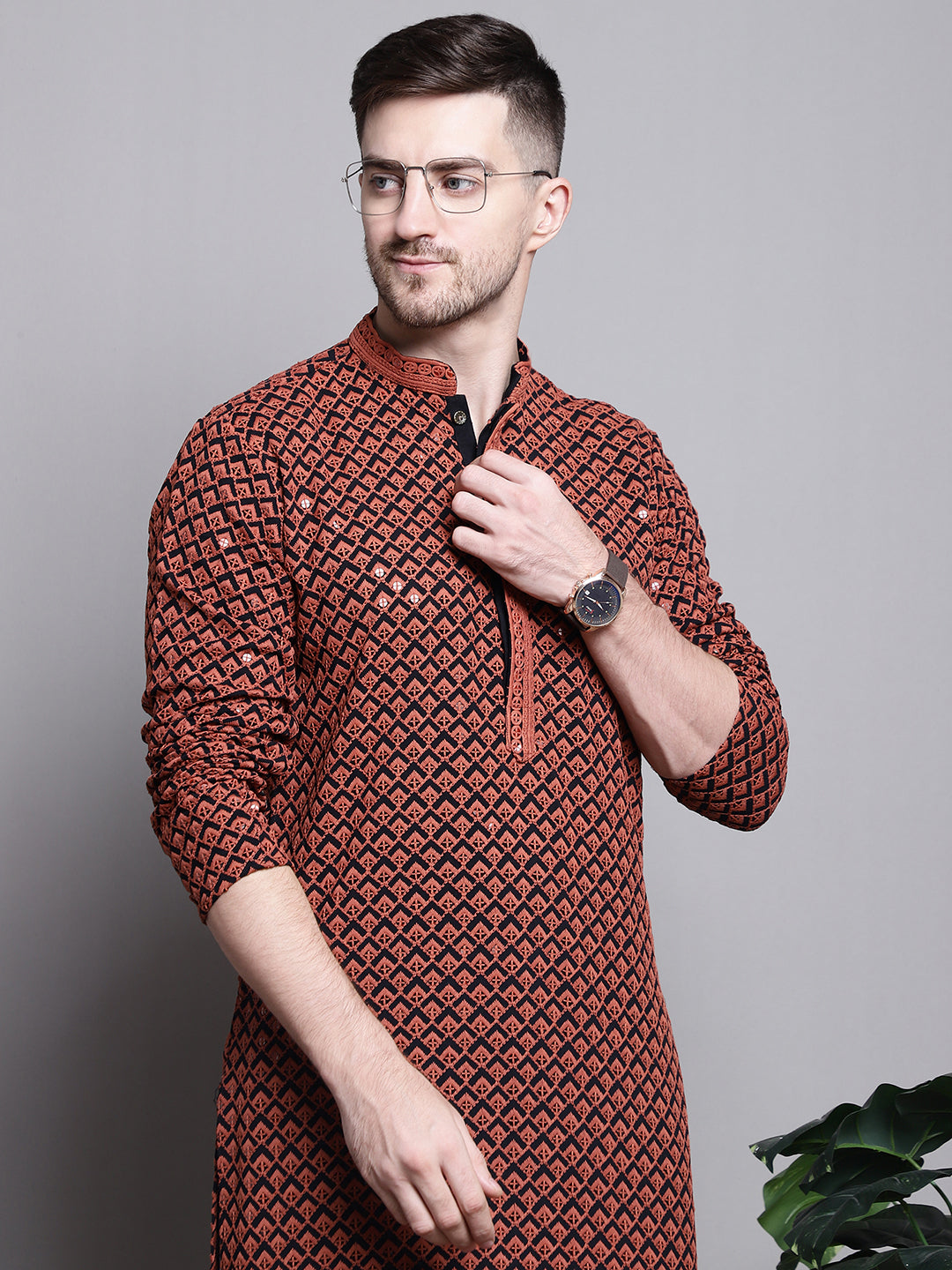 Jompers Men's Sequin Embroidered Pure Cotton Kurta - Orange