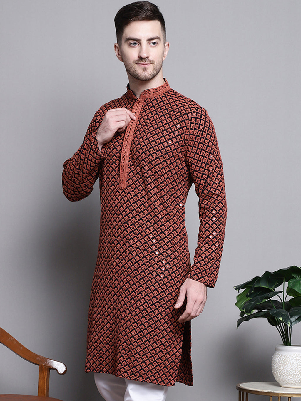 Jompers Men's Sequin Embroidered Pure Cotton Kurta - Orange