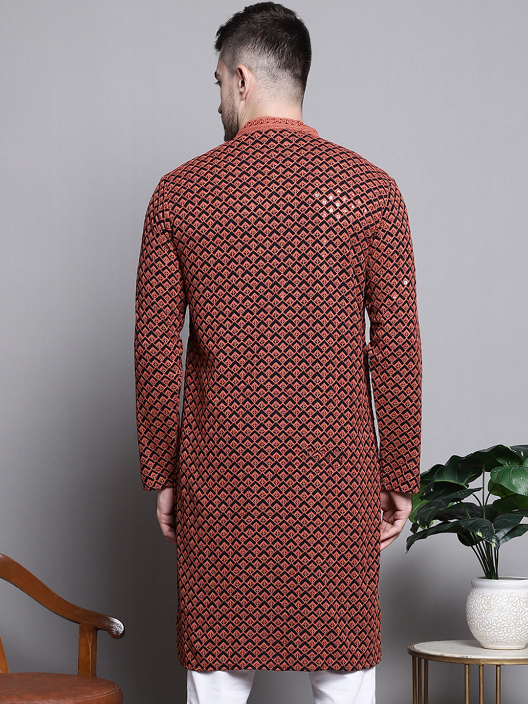 Jompers Men's Sequin Embroidered Pure Cotton Kurta - Orange