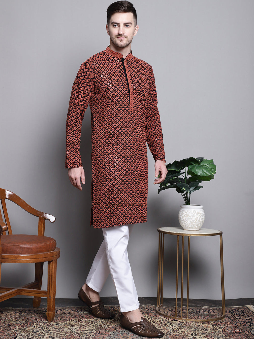 Jompers Men's Sequin Embroidered Pure Cotton Kurta - Orange