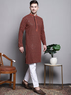 Jompers Men's Sequin Embroidered Pure Cotton Kurta - Orange