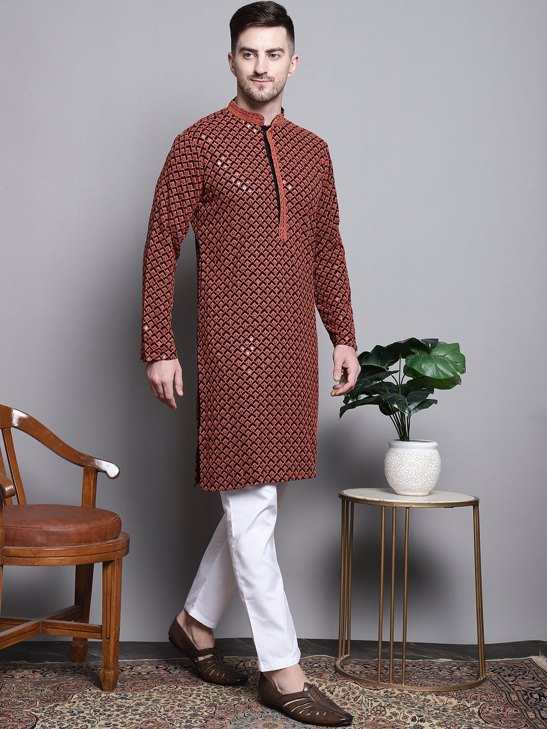 Jompers Men's Sequin Embroidered Pure Cotton Kurta - Orange