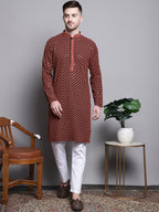 Jompers Men's Sequin Embroidered Pure Cotton Kurta - Orange
