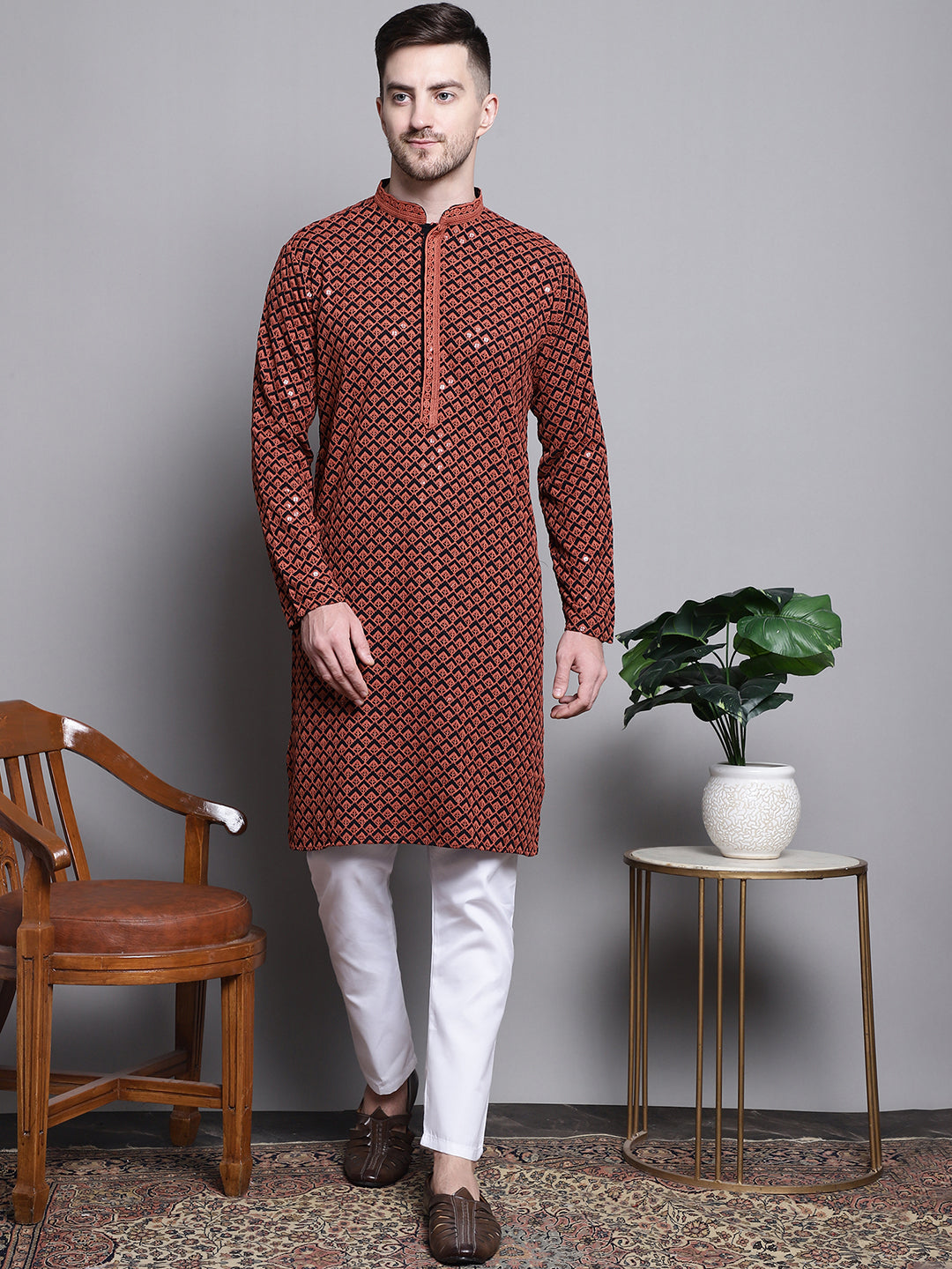 Jompers Men's Sequin Embroidered Pure Cotton Kurta - Orange