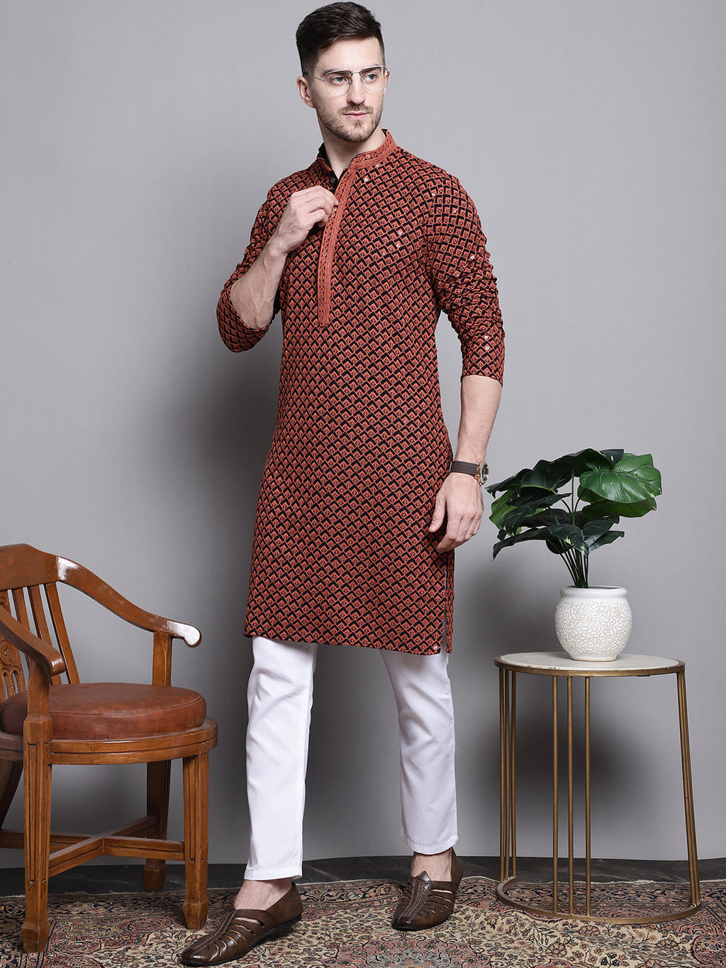 Jompers Men's Sequin Embroidered Pure Cotton Kurta - Orange