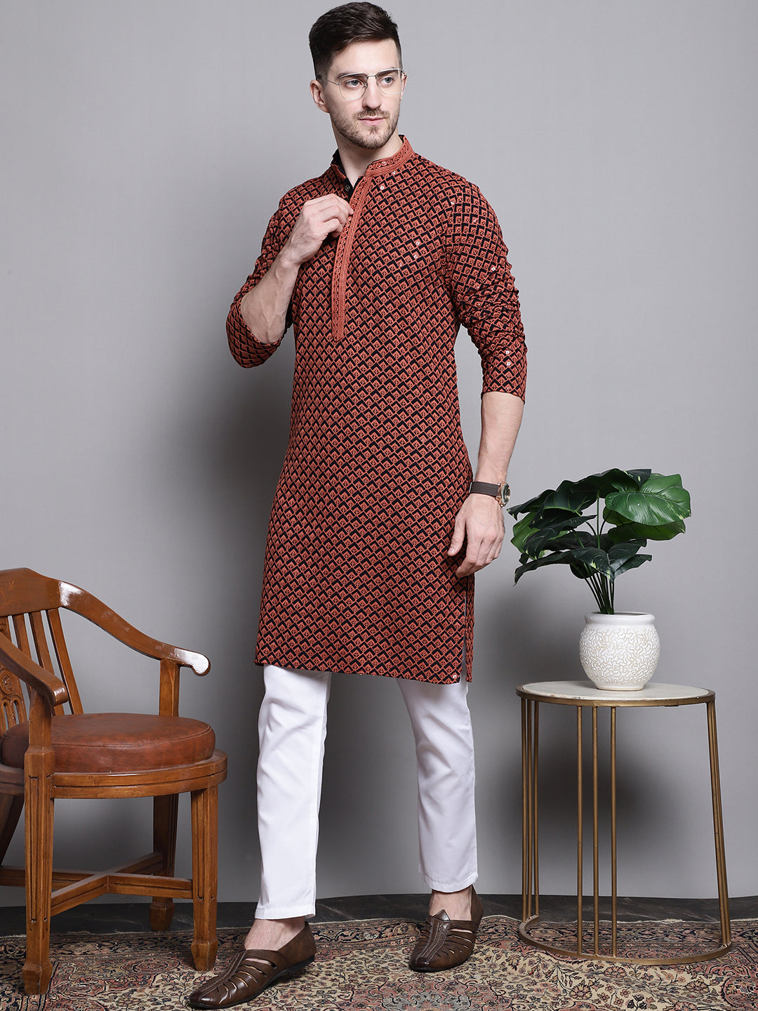 Jompers Men's Sequin Embroidered Pure Cotton Kurta - Orange