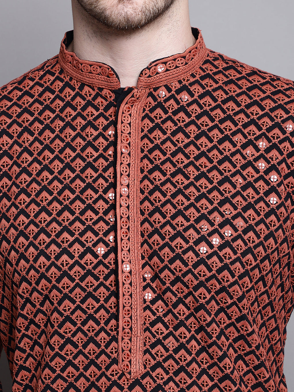 Jompers Men's Sequin Embroidered Pure Cotton Kurta - Orange