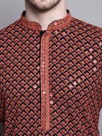 Jompers Men's Sequin Embroidered Pure Cotton Kurta - Orange