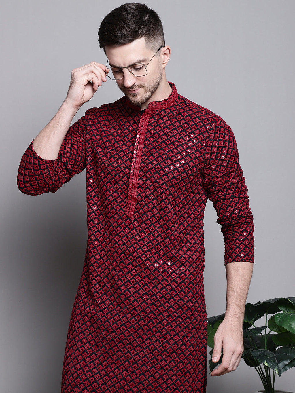 Jompers Men's Sequin Embroidered Pure Cotton Kurta - Red