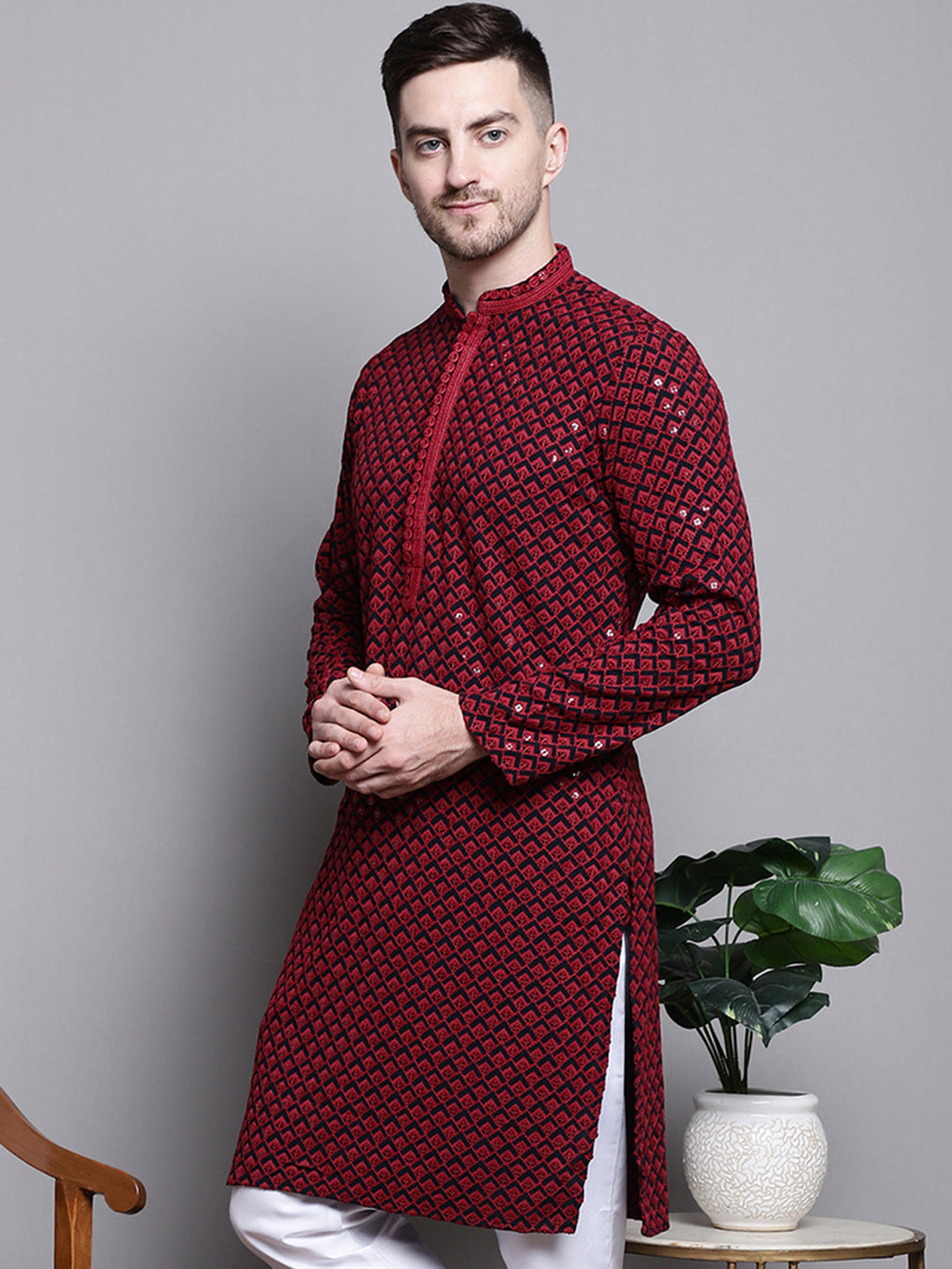 Jompers Men's Sequin Embroidered Pure Cotton Kurta - Red