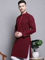 Jompers Men's Sequin Embroidered Pure Cotton Kurta - Red