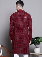 Jompers Men's Sequin Embroidered Pure Cotton Kurta - Red