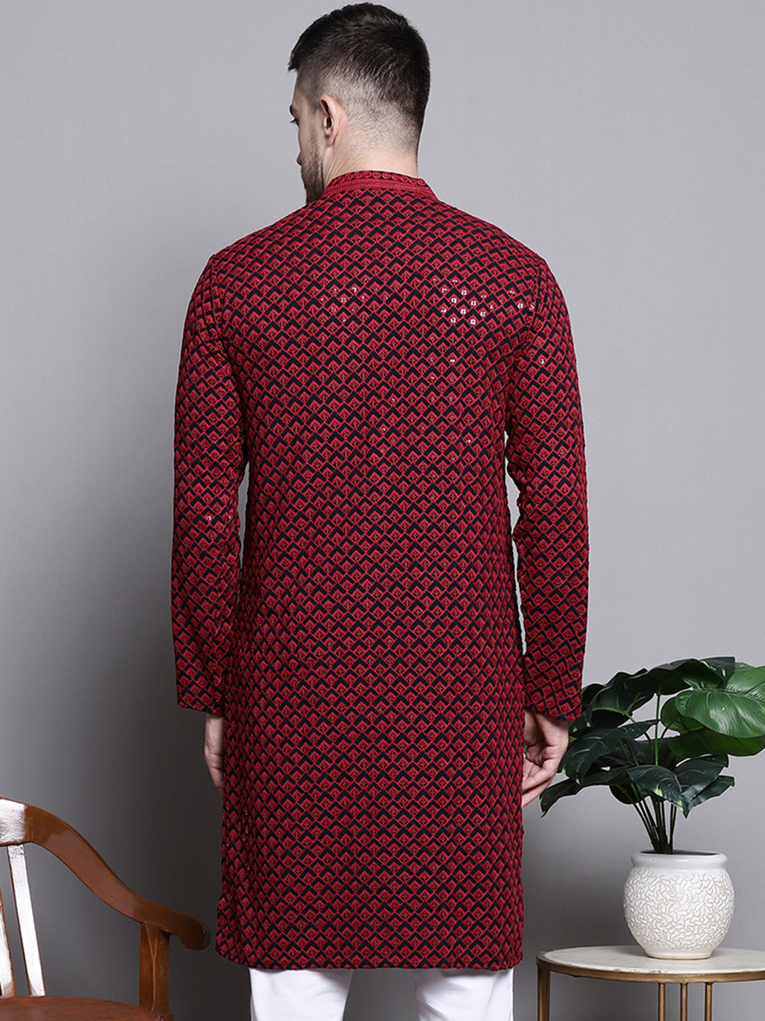 Jompers Men's Sequin Embroidered Pure Cotton Kurta - Red