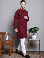 Jompers Men's Sequin Embroidered Pure Cotton Kurta - Red