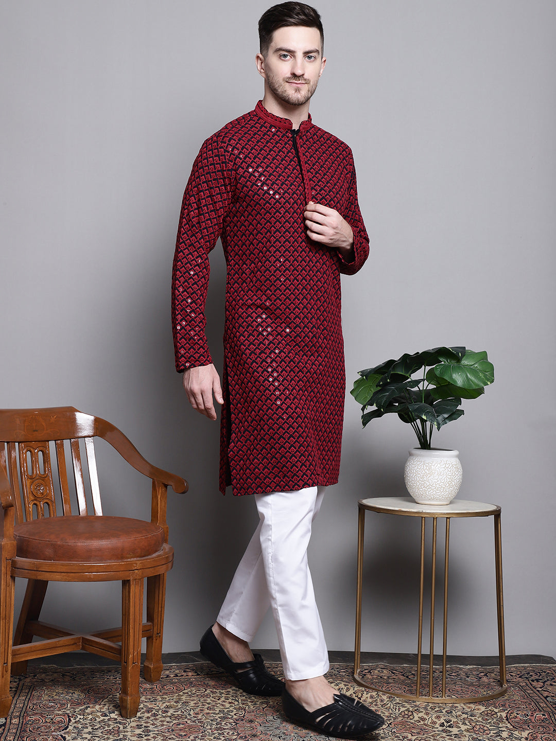 Jompers Men's Sequin Embroidered Pure Cotton Kurta - Red
