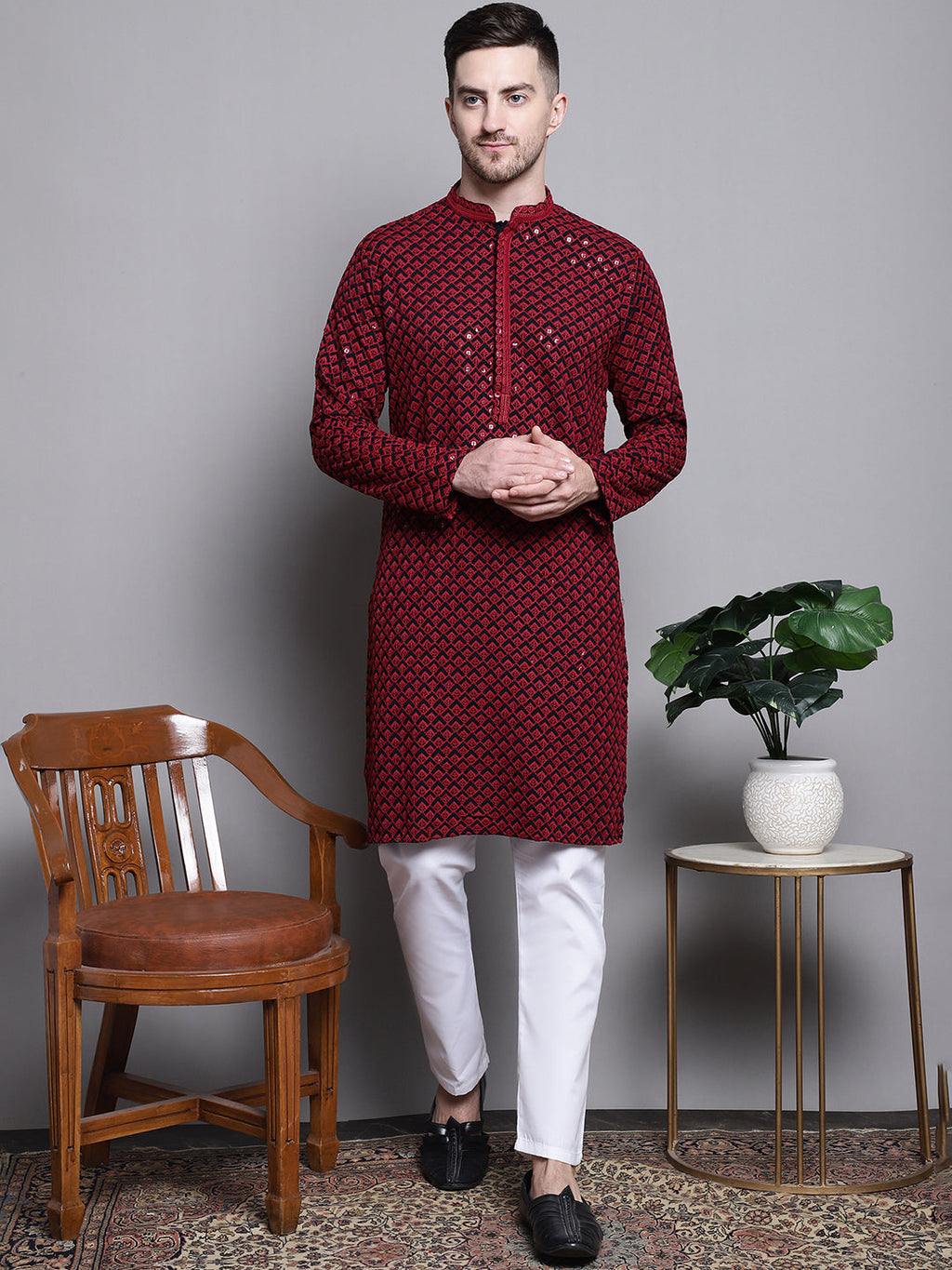 Jompers Men's Sequin Embroidered Pure Cotton Kurta - Red