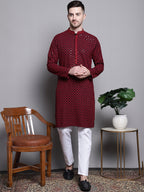 Jompers Men's Sequin Embroidered Pure Cotton Kurta - Red