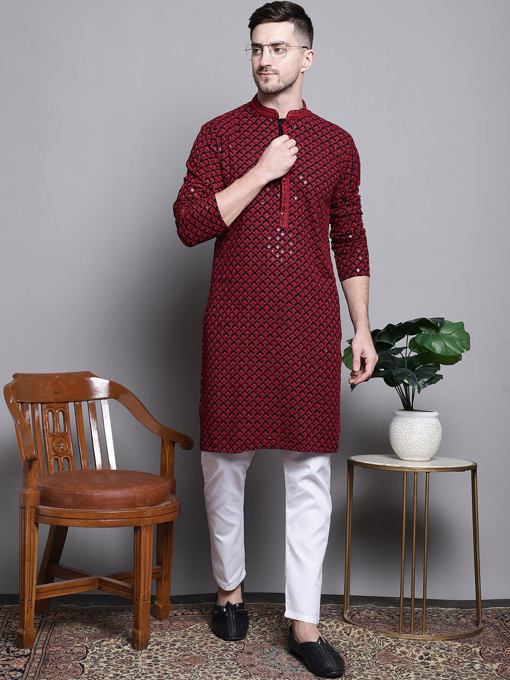 Jompers Men's Sequin Embroidered Pure Cotton Kurta - Red