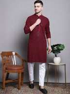 Jompers Men's Sequin Embroidered Pure Cotton Kurta - Red