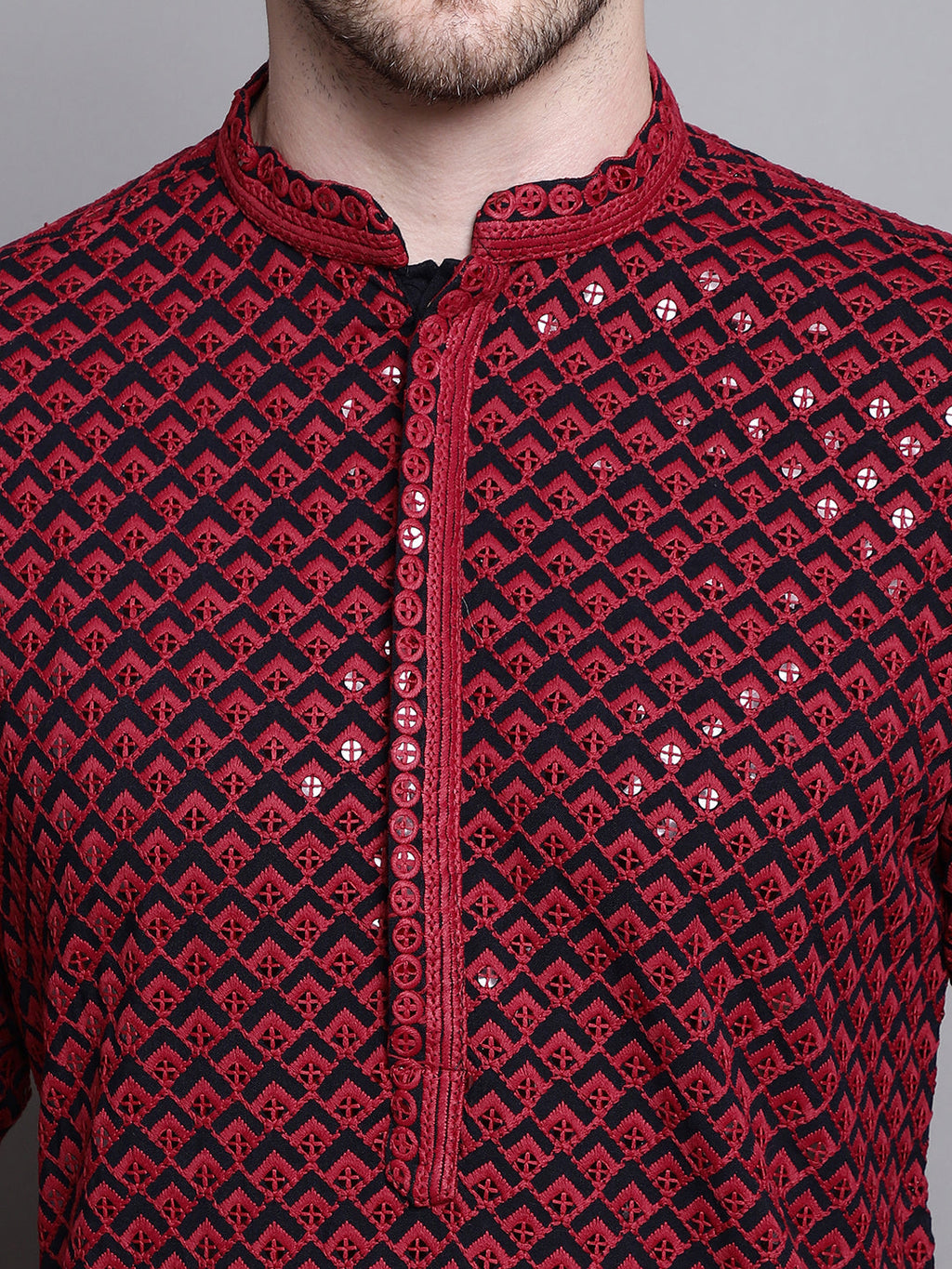 Jompers Men's Sequin Embroidered Pure Cotton Kurta - Red