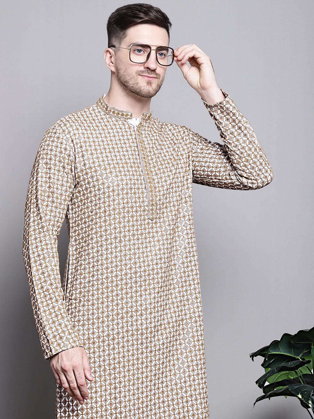 Jompers Men's Sequin Embroidered Pure Cotton Kurta - Cream
