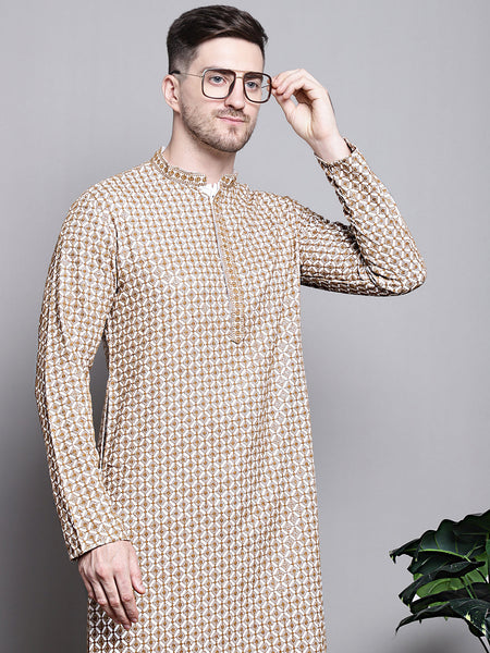 Jompers Men's Sequin Embroidered Pure Cotton Kurta - Cream