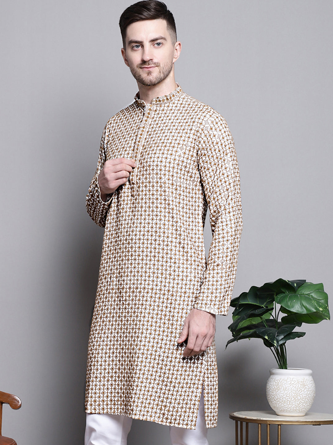Jompers Men's Sequin Embroidered Pure Cotton Kurta - Cream