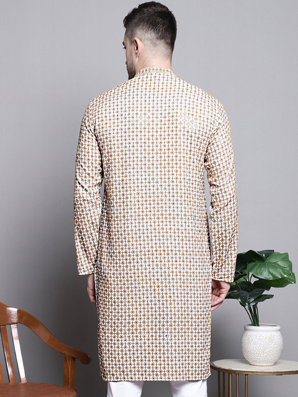 Jompers Men's Sequin Embroidered Pure Cotton Kurta - Cream