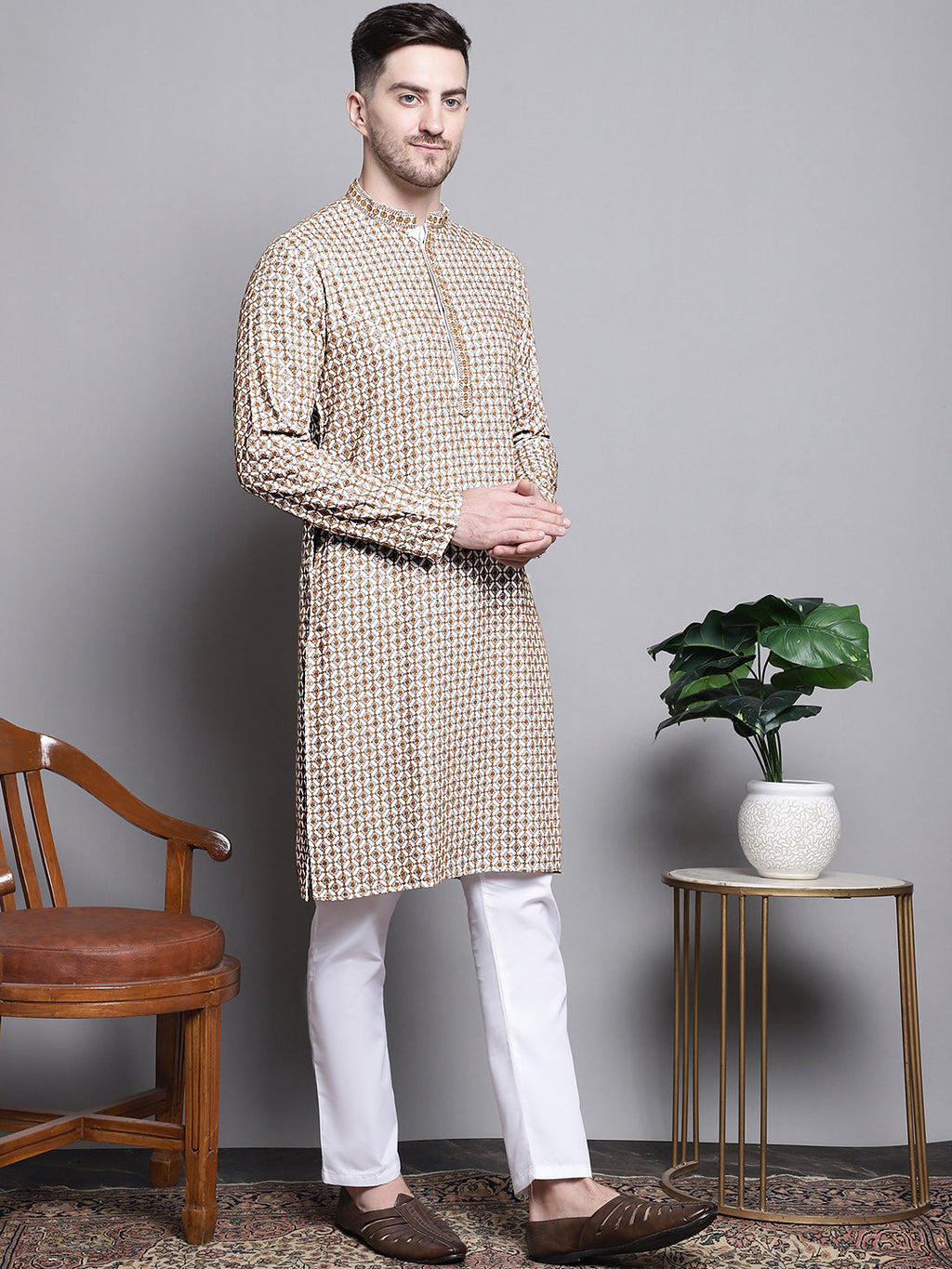 Jompers Men's Sequin Embroidered Pure Cotton Kurta - Cream