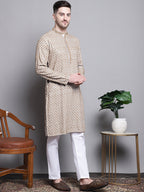 Jompers Men's Sequin Embroidered Pure Cotton Kurta - Cream