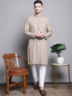 Jompers Men's Sequin Embroidered Pure Cotton Kurta - Cream