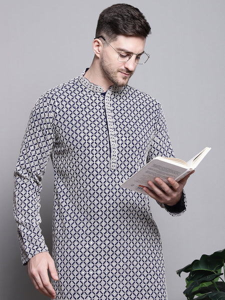 Jompers Men's Sequin Embroidered Pure Cotton Kurta - Navy Blue