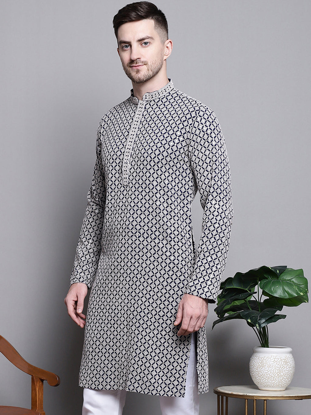 Jompers Men's Sequin Embroidered Pure Cotton Kurta - Navy Blue