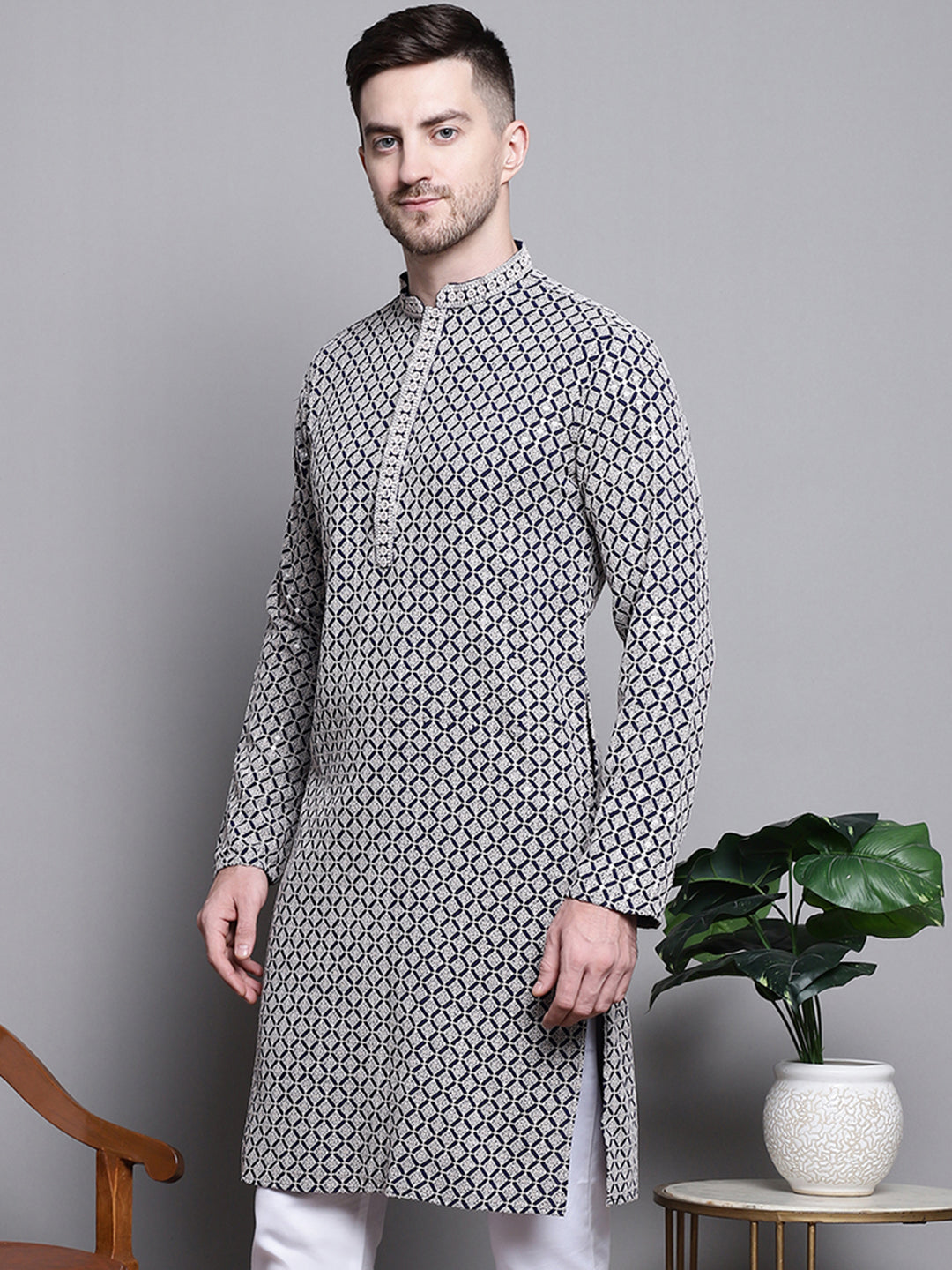 Jompers Men's Sequin Embroidered Pure Cotton Kurta - Navy Blue