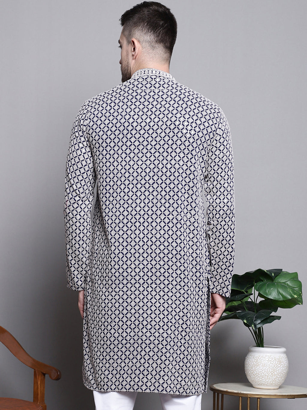 Jompers Men's Sequin Embroidered Pure Cotton Kurta - Navy Blue