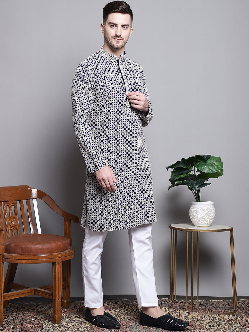 Jompers Men's Sequin Embroidered Pure Cotton Kurta - Navy Blue