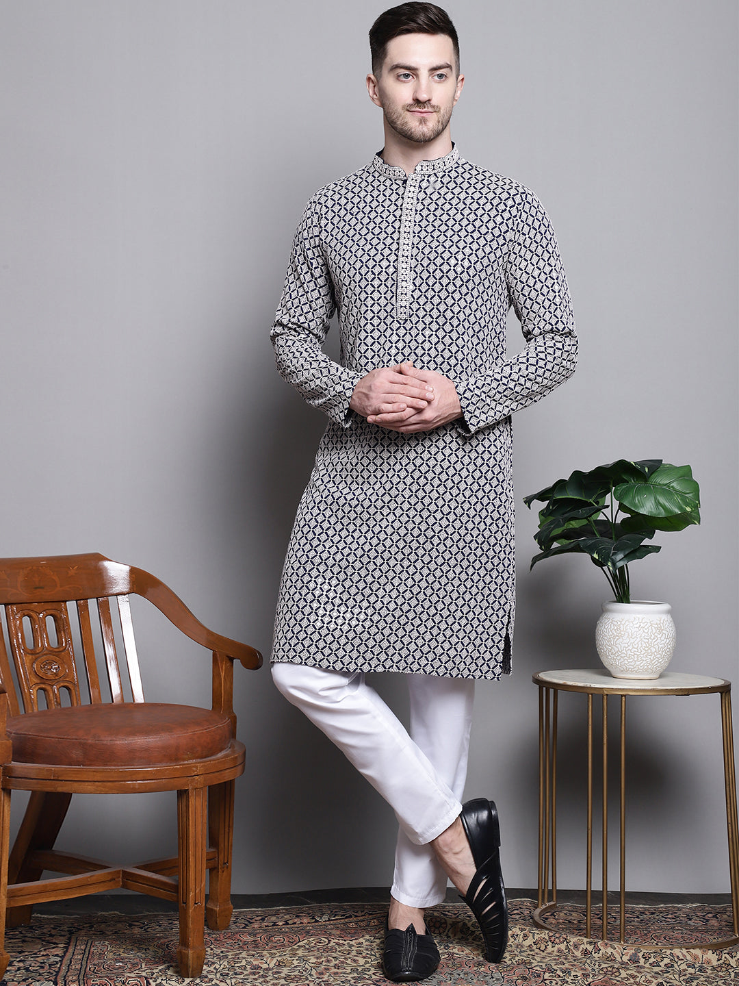 Jompers Men's Sequin Embroidered Pure Cotton Kurta - Navy Blue