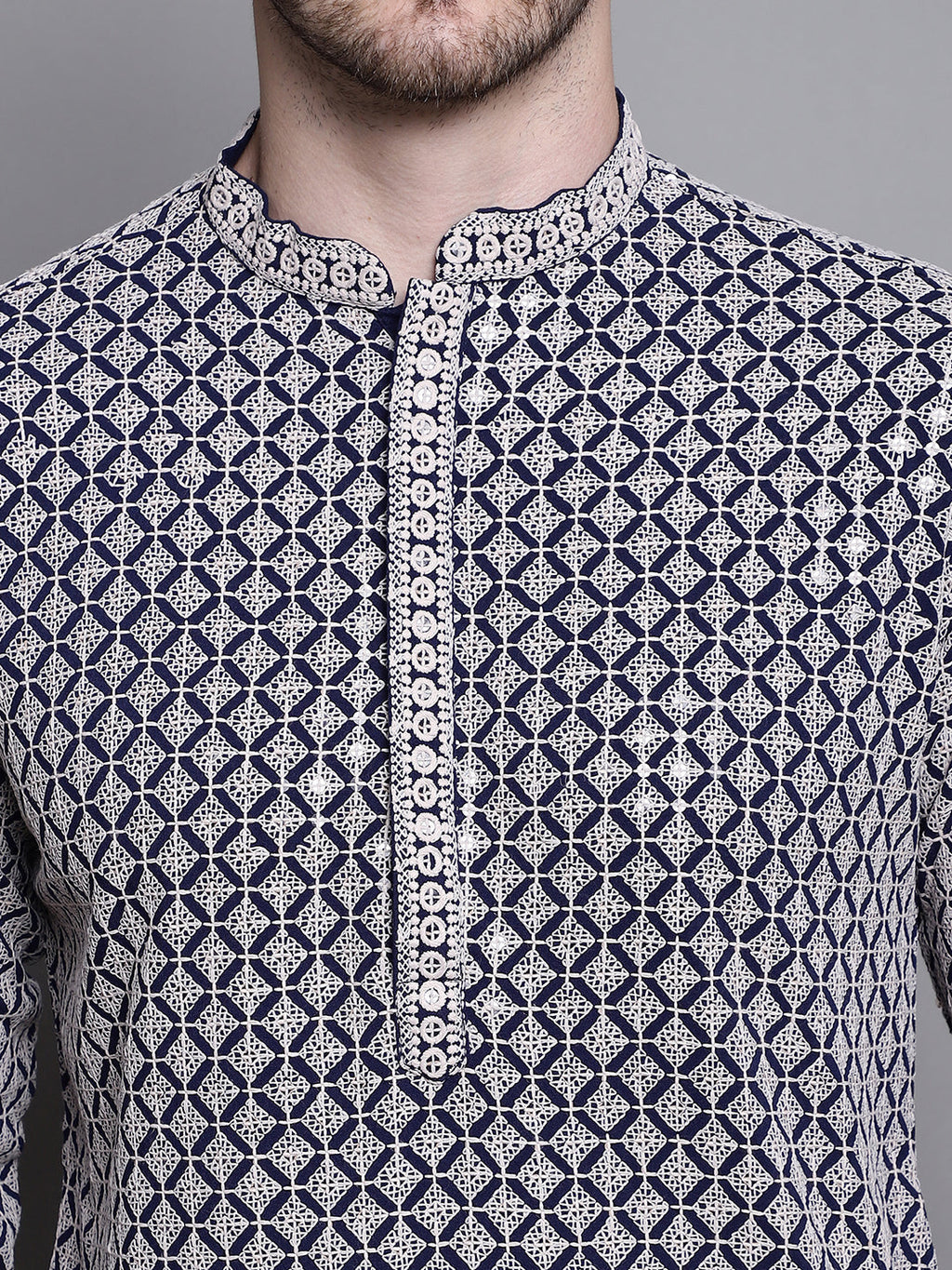 Jompers Men's Sequin Embroidered Pure Cotton Kurta - Navy Blue