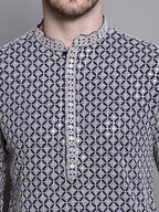 Jompers Men's Sequin Embroidered Pure Cotton Kurta - Navy Blue