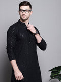 Jompers Men's Sequin Embroidered Pure Cotton Kurta - Black