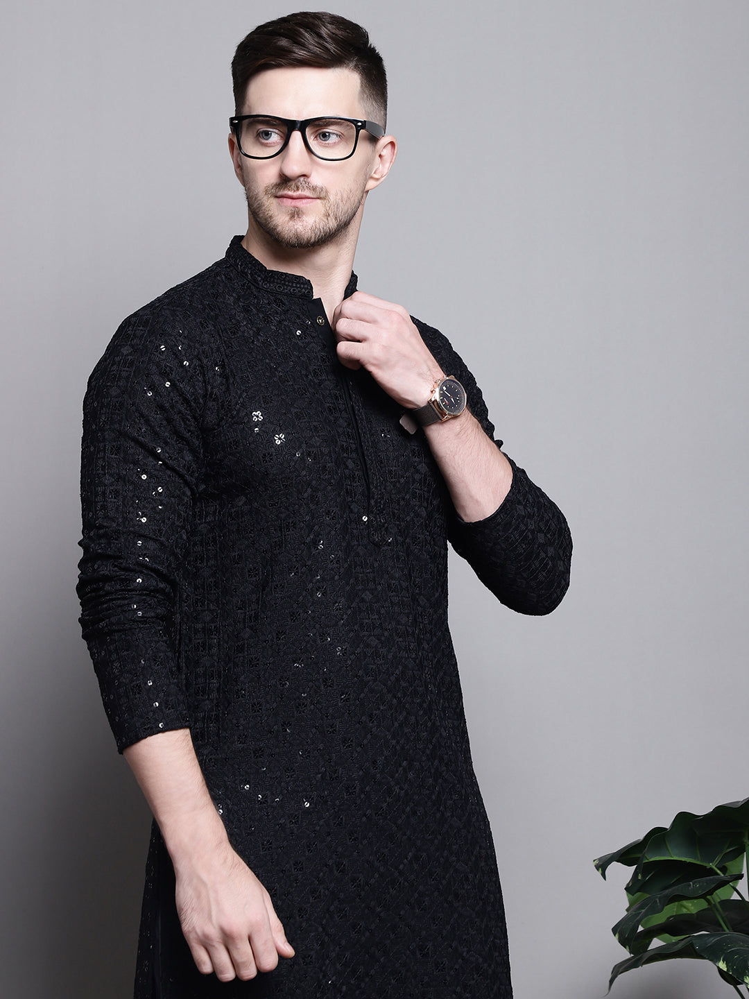 Jompers Men's Sequin Embroidered Pure Cotton Kurta - Black